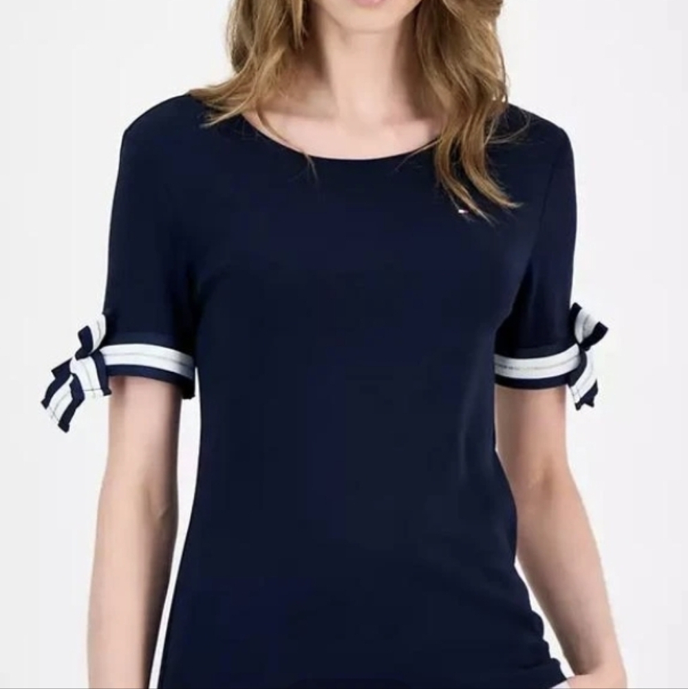 Tommy Hilfiger Women's 100% Cotton Navy Tee with Striped Bow Sleeves, size M - Picture 3 of 16